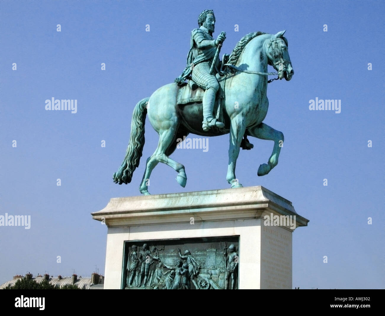 Statua equestre del re Enrico IV di Francia sul Pont Neuf a Parigi Foto Stock