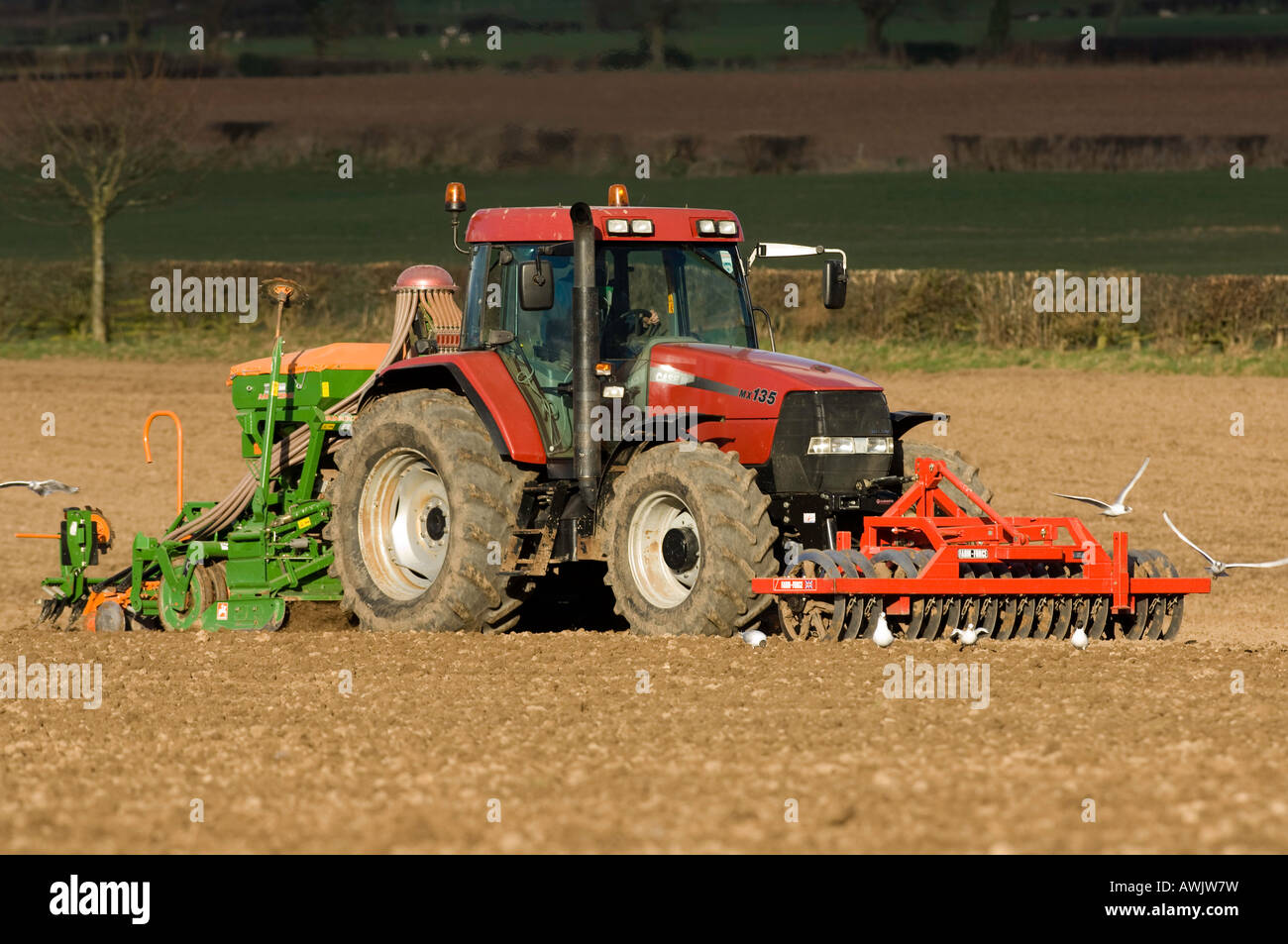 Il contadino semina di fagioli con un sistema pneumatico della seminatrice montata su un caso trattore Maxxum montate anteriore con dischi montati Foto Stock