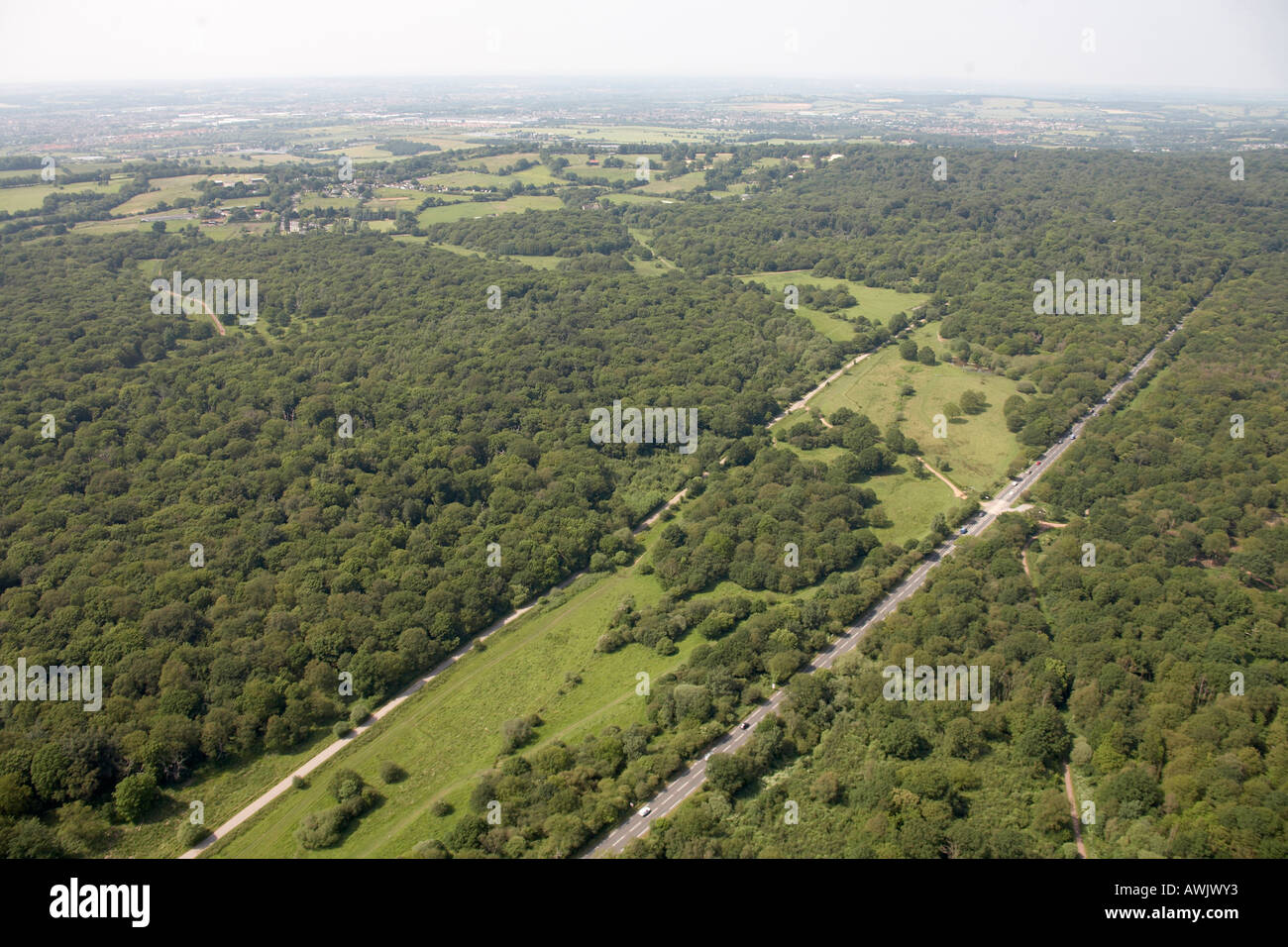 Elevato livello obliquo di vista aerea a nord della Foresta di Epping Botesdale IG10 Inghilterra REGNO UNITO Foto Stock