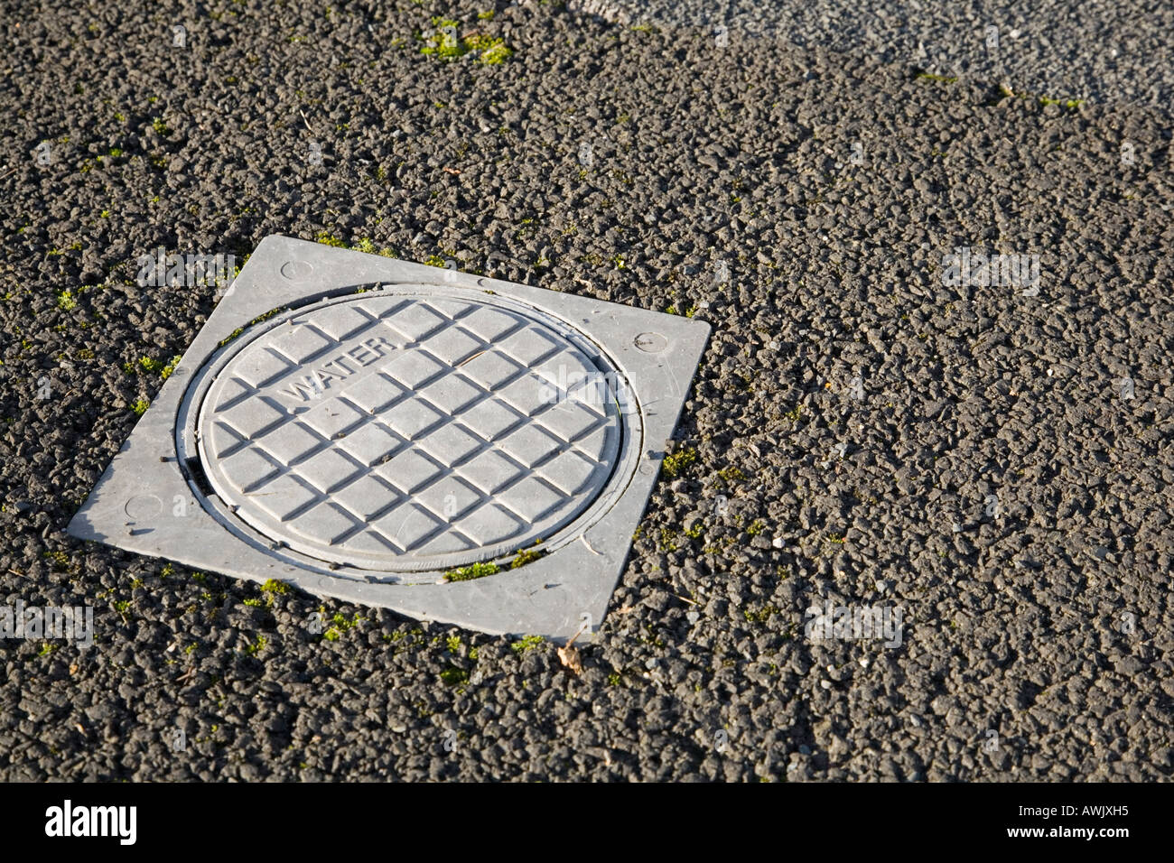 Acqua coperchio di accesso su un asfalto marciapiede Foto Stock