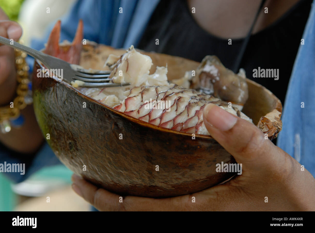 Stufato di pesce (court bouillon) servita con le banane, l'albero del pane e avocado in una ciotola calabash, cucina creola Foto Stock