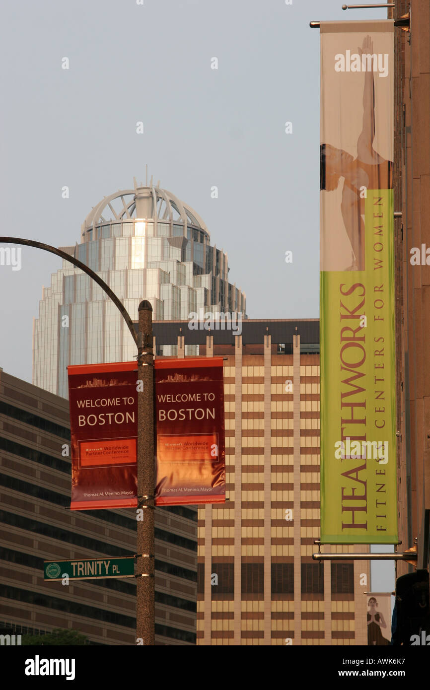 Benvenuti a Boston banner di Back Bay area di Boston Massachusetts, STATI UNITI D'AMERICA Foto Stock