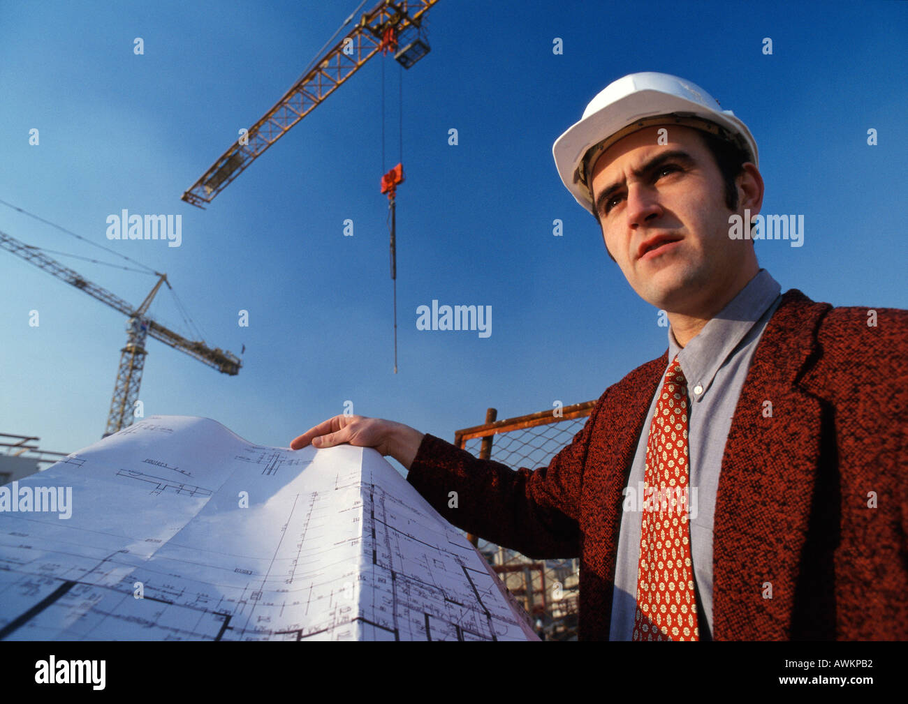 Uomo che indossa elmetto, tenendo blueprint, gru in background, basso angolo di visione Foto Stock