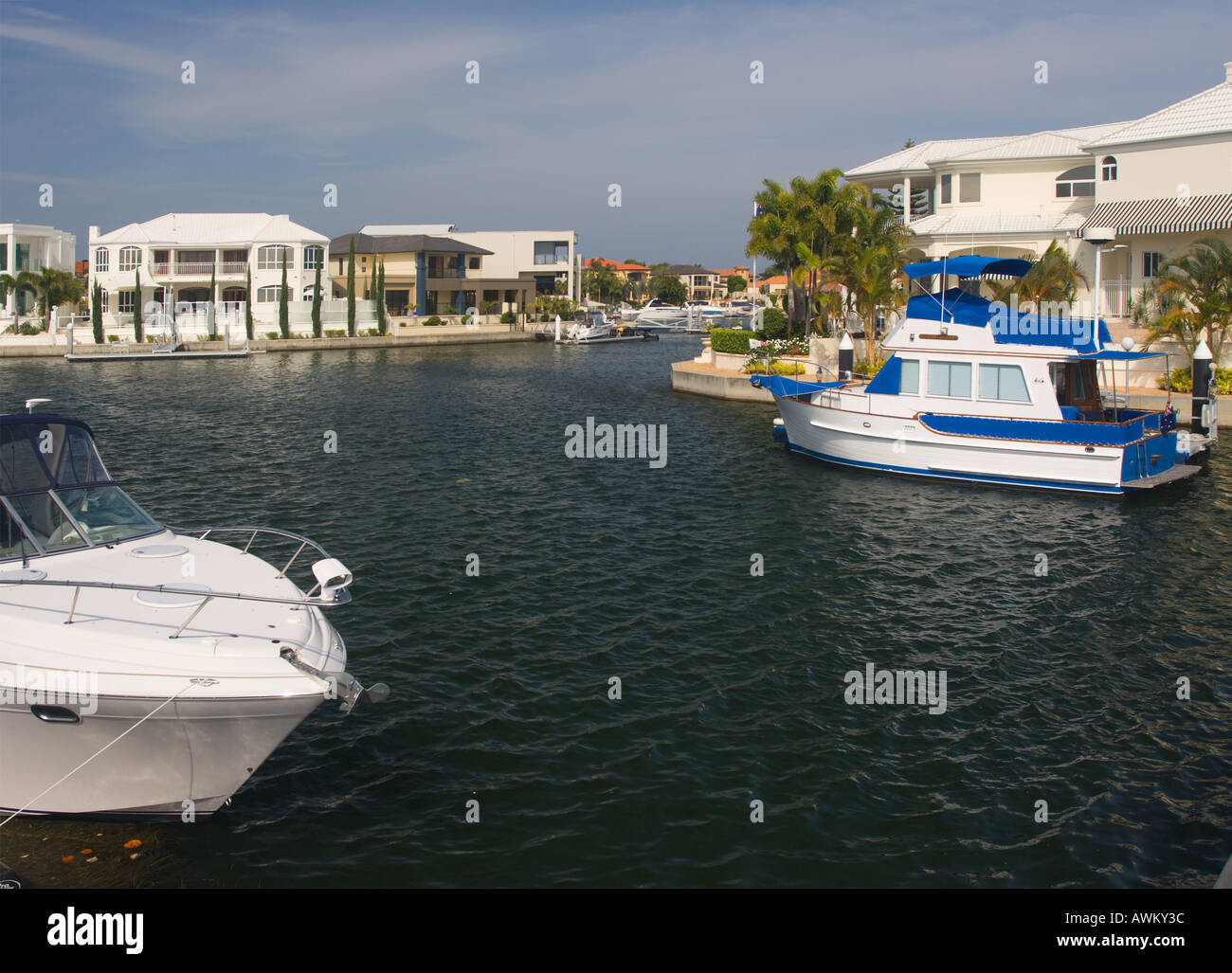 Motoryacht di lusso nella parte anteriore del waterside esclusiva case a isole sovrano di Surfers Paradise, Gold Coast di Queensland in Australia Foto Stock