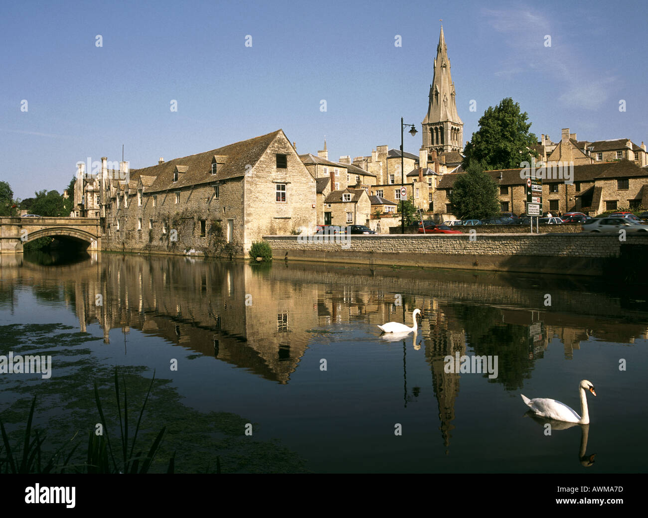 I cigni nuotare nel fiume, la chiesa di Santa Maria, Leicestershire, Francia, Europa Foto Stock
