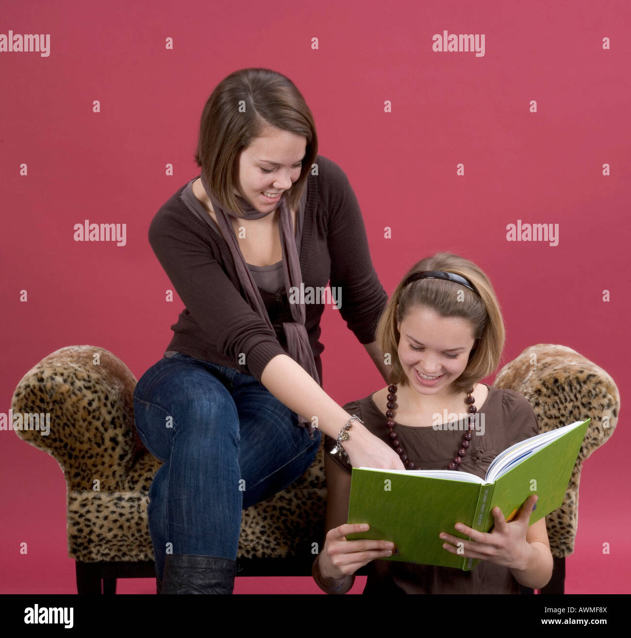 Due ragazze, pre-adolescenti, dai primi anni dell'adolescenza seduto su una tigre-divano stampa la lettura di un libro Foto Stock