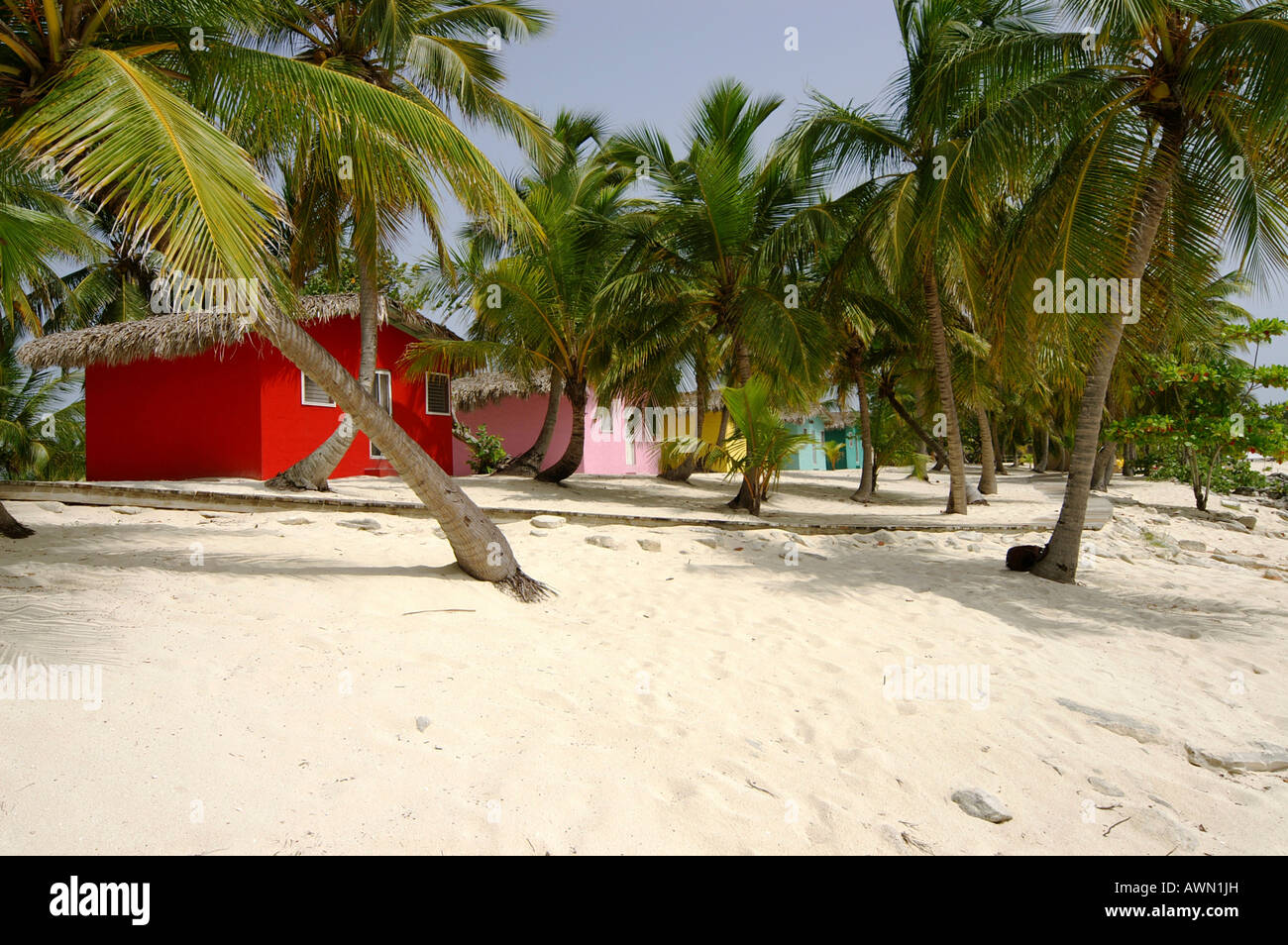 Caraibici colorati alberghi sulla spiaggia, Isola Catalina, Repubblica Dominicana, Caraibi, Americhe Foto Stock