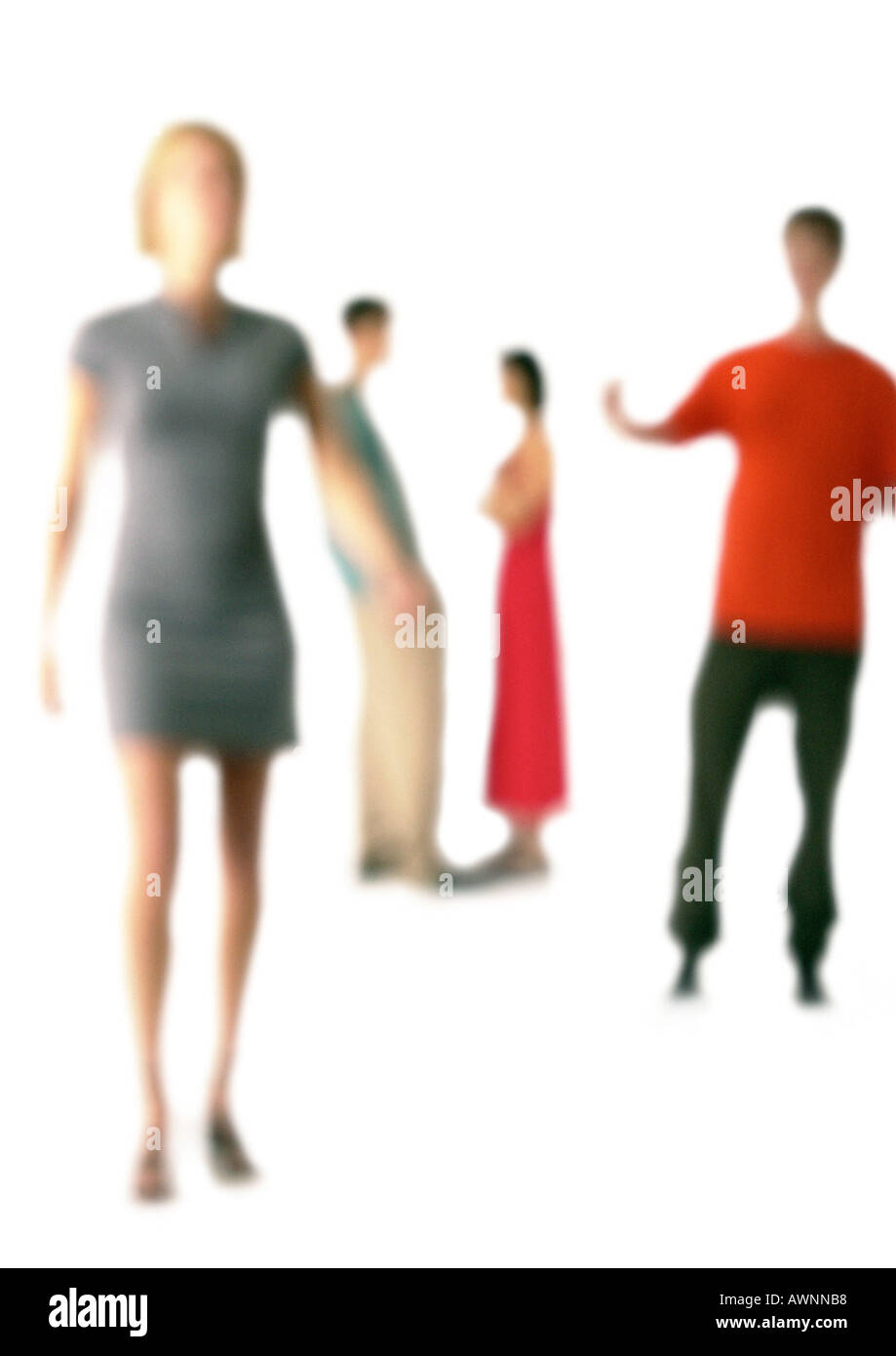 Silhouette di quattro persone, sfondo bianco sfocato Foto Stock