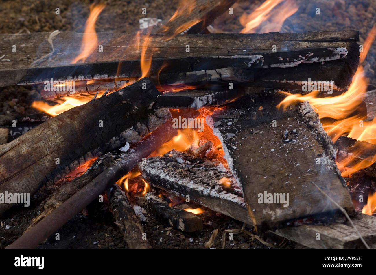 Il fuoco per riscaldare il ferro di branding (bestiame branding), Costa Rica, America Centrale Foto Stock