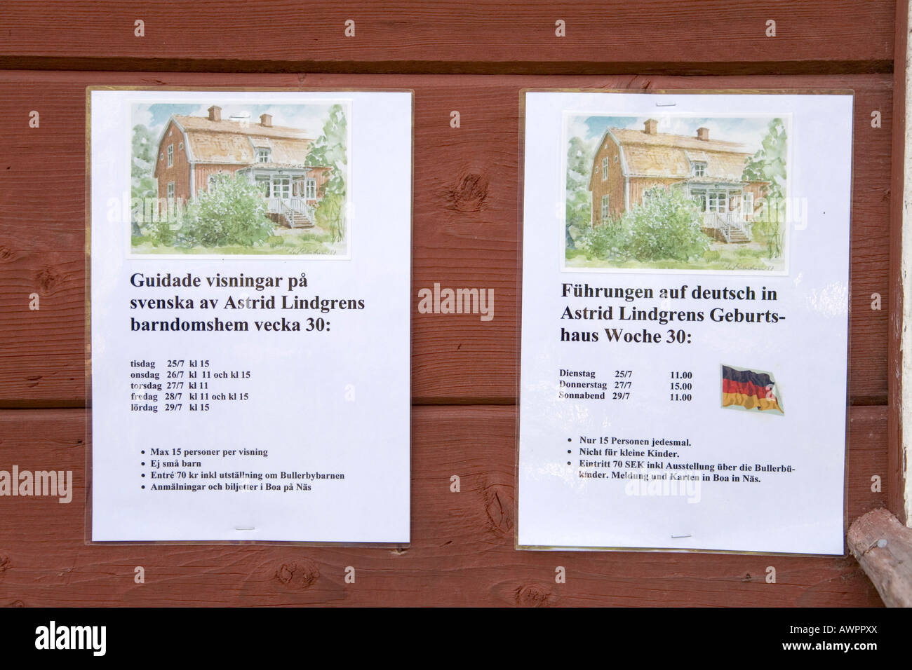Segnali di informazione, tour di Astrid Lindgren il luogo di nascita di Nae vicino a Vimmerby, Svezia, Scandinavia, Europa Foto Stock
