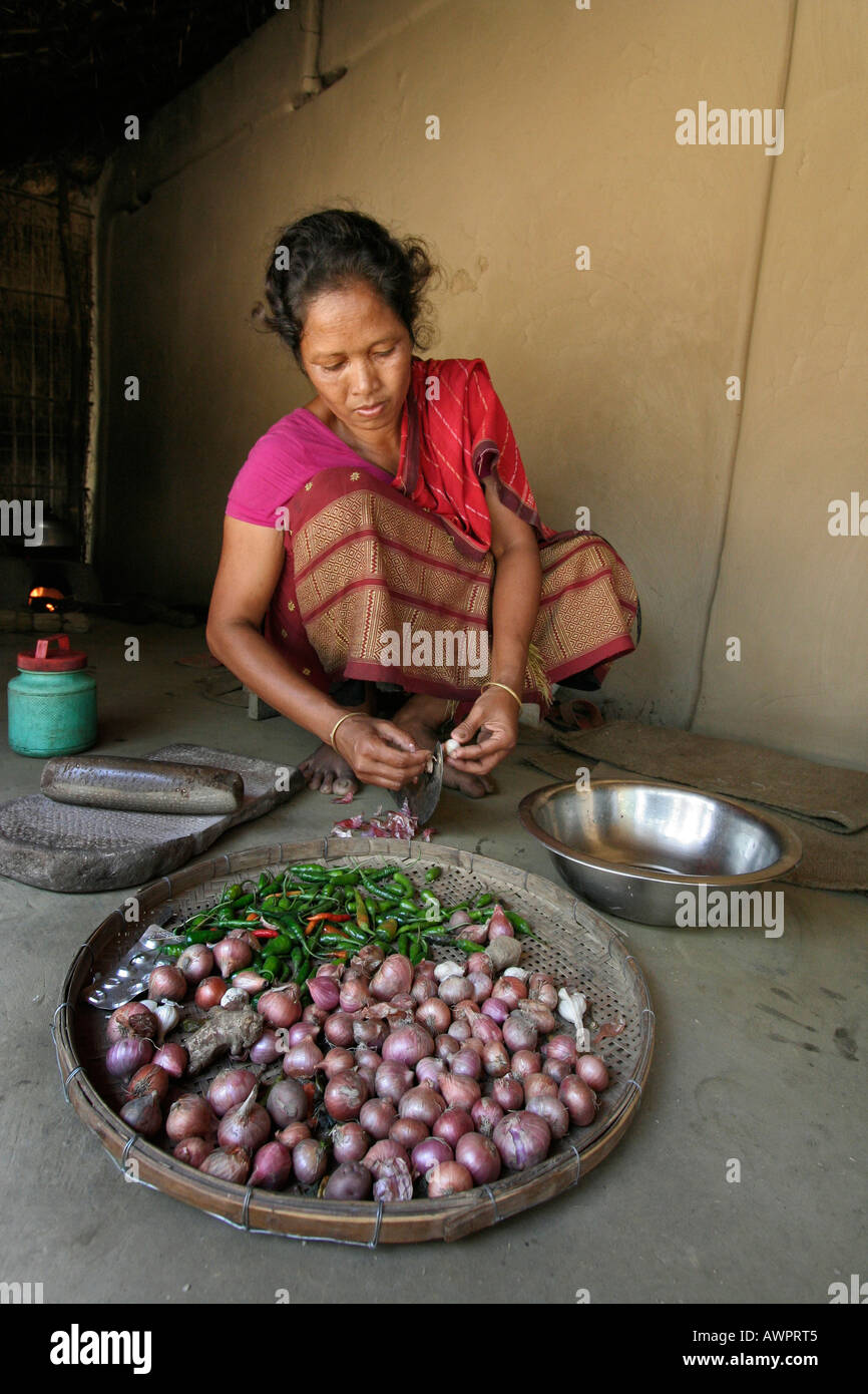 BANGLADESH Alpona Ritchil una donna dei tribali Garo minoranza Trita cipolle e aglio Foto Stock