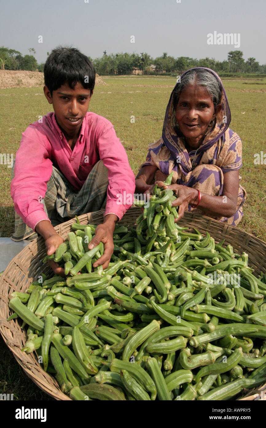 BANGLADESH Ajizul Hoque e sua nonna Shahera Khatun con il loro raccolto di okra Foto Stock