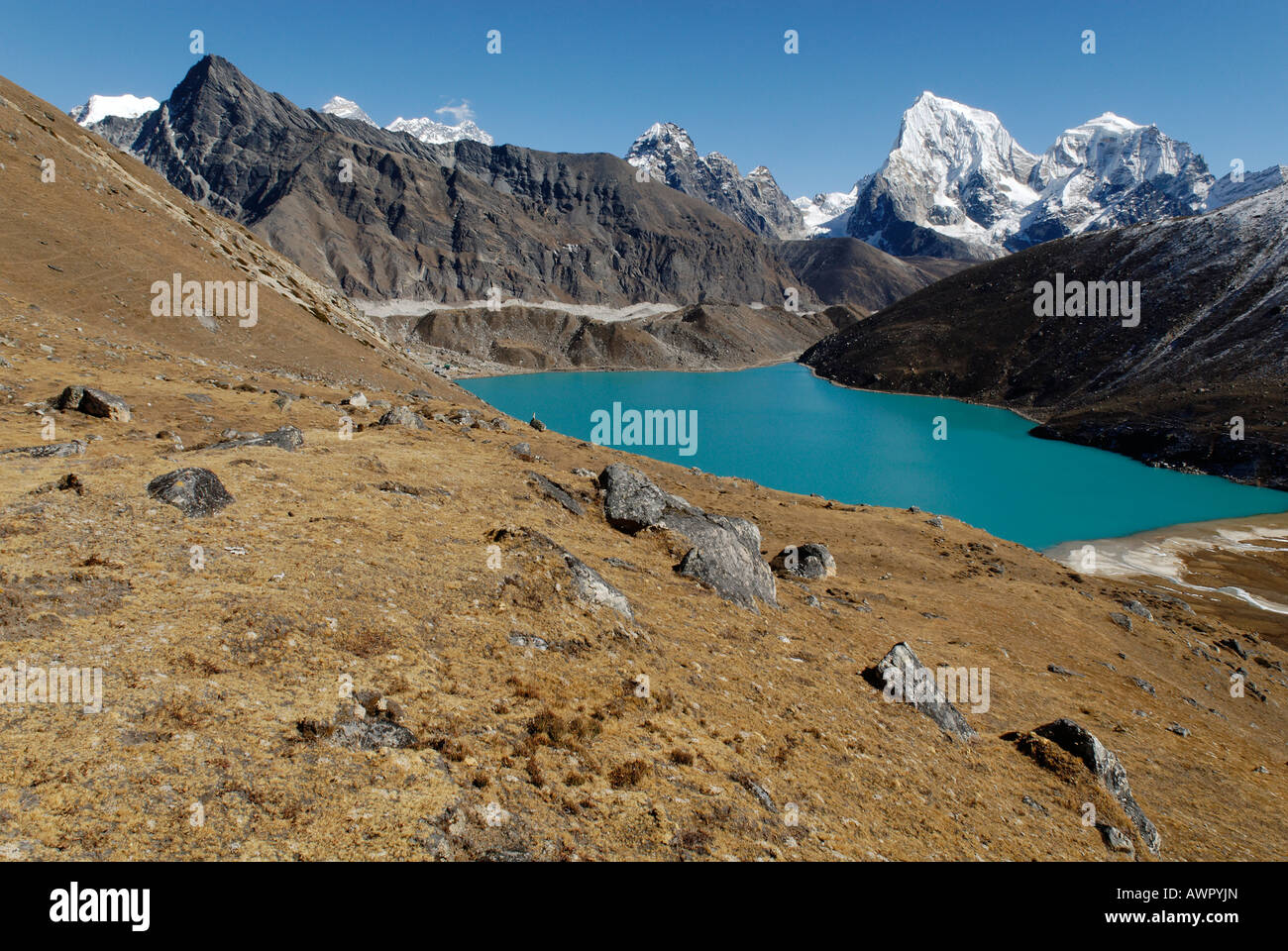 Vista dal lago di Gokyo (Dudh Pokhari) sopra il ghiacciaio Ngozumpa verso Arakamtse (6423) und Cholatse (6335), nazionale di Sagarmatha Par Foto Stock