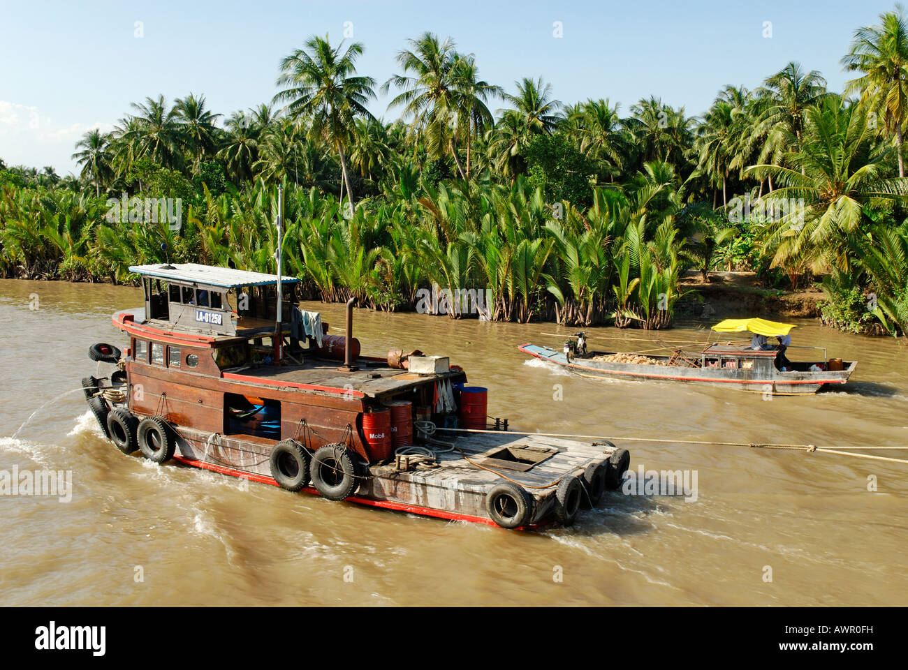 Navi e barche sul fiume Mekong, Vietnam Foto Stock