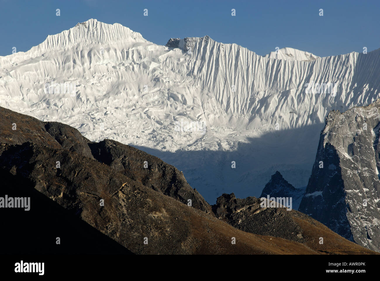 Texture di ghiaccio a Amphu Gyabjen picco (5630), Khumbu Himal, Parco Nazionale di Sagarmatha, Nepal Foto Stock