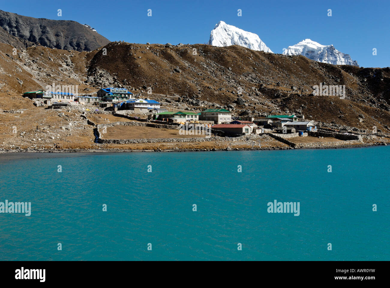 Vista dal lago di Gokyo (Dudh Pokhari) sopra il ghiacciaio Ngozumpa verso Arakamtse (6423) und Cholatse (6335), nazionale di Sagarmatha Par Foto Stock