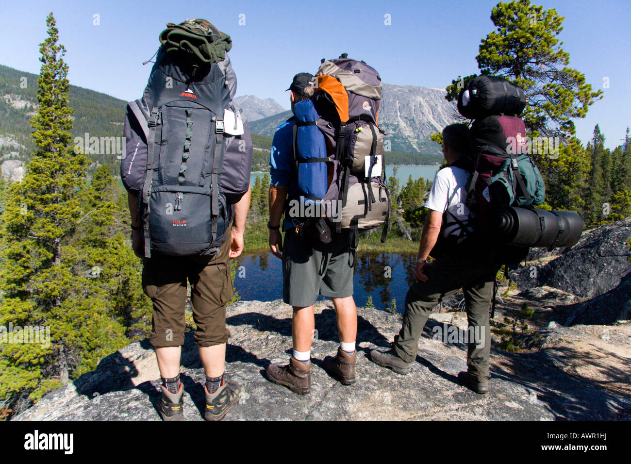 Gli escursionisti che gode di una vista panoramica, paesaggio di montagna, Chilkoot Trail, British Columbia, Canada Foto Stock