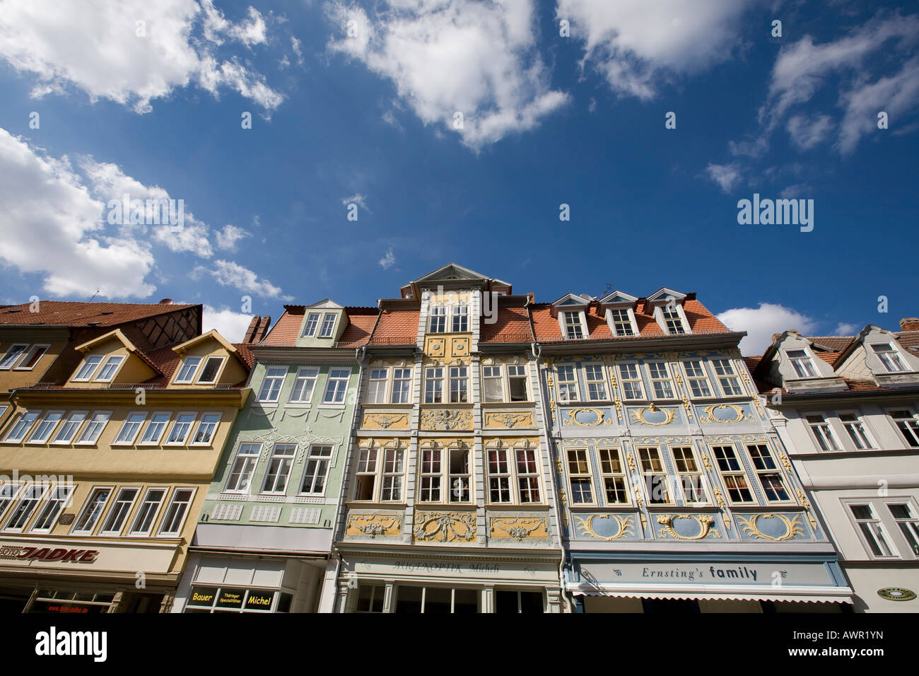 Crooked case nel centro storico della città di Bad Langensalza, Turingia, Germania, Europa Foto Stock