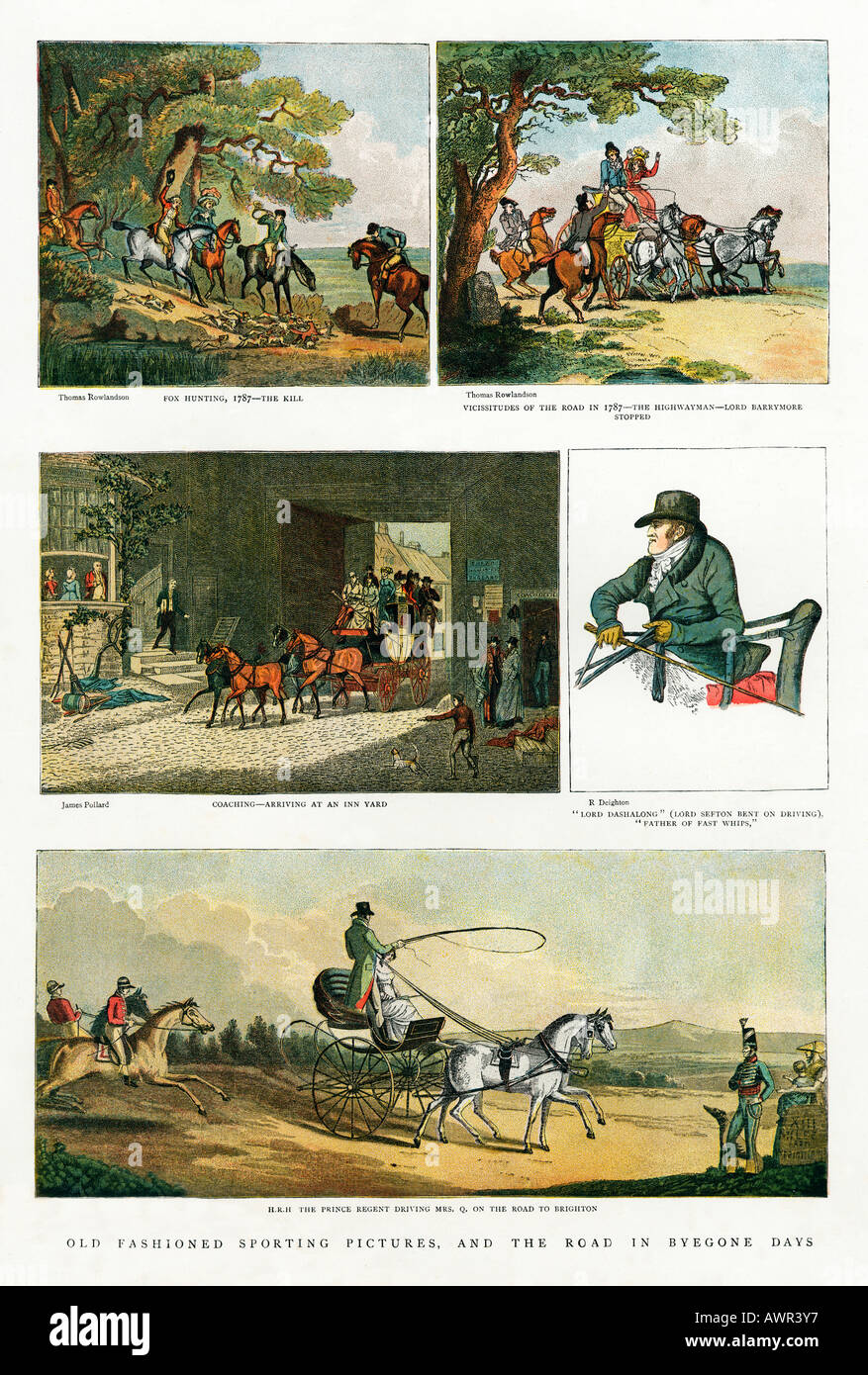 Sulla strada nei giorni passati una stampa in stile vittoriano di scene sulla strada e stampe sportive nel XVIII secolo Foto Stock