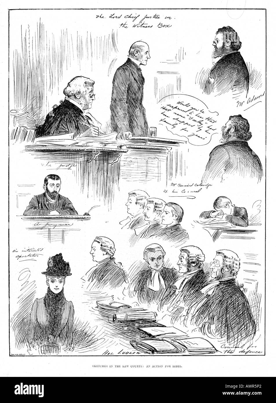 Un AZIONE PER DIFFAMAZIONE 1886 bozzetti in London tribunali con il Signore Chief Justice Coleridge nella testimonianza box Foto Stock