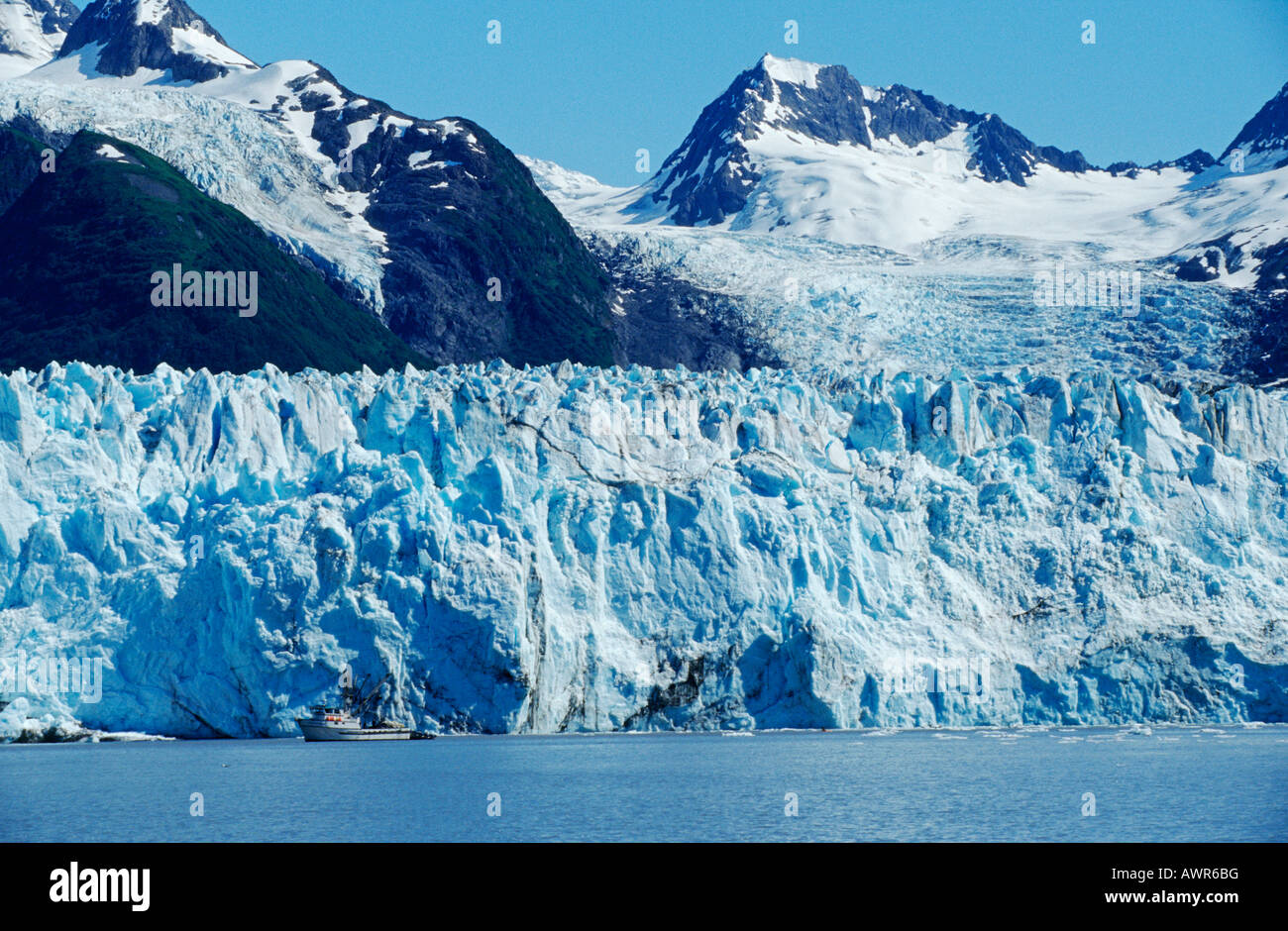 Meares Glacier che fluisce nel mare, Prince William Sound, Alaska, STATI UNITI D'AMERICA Foto Stock