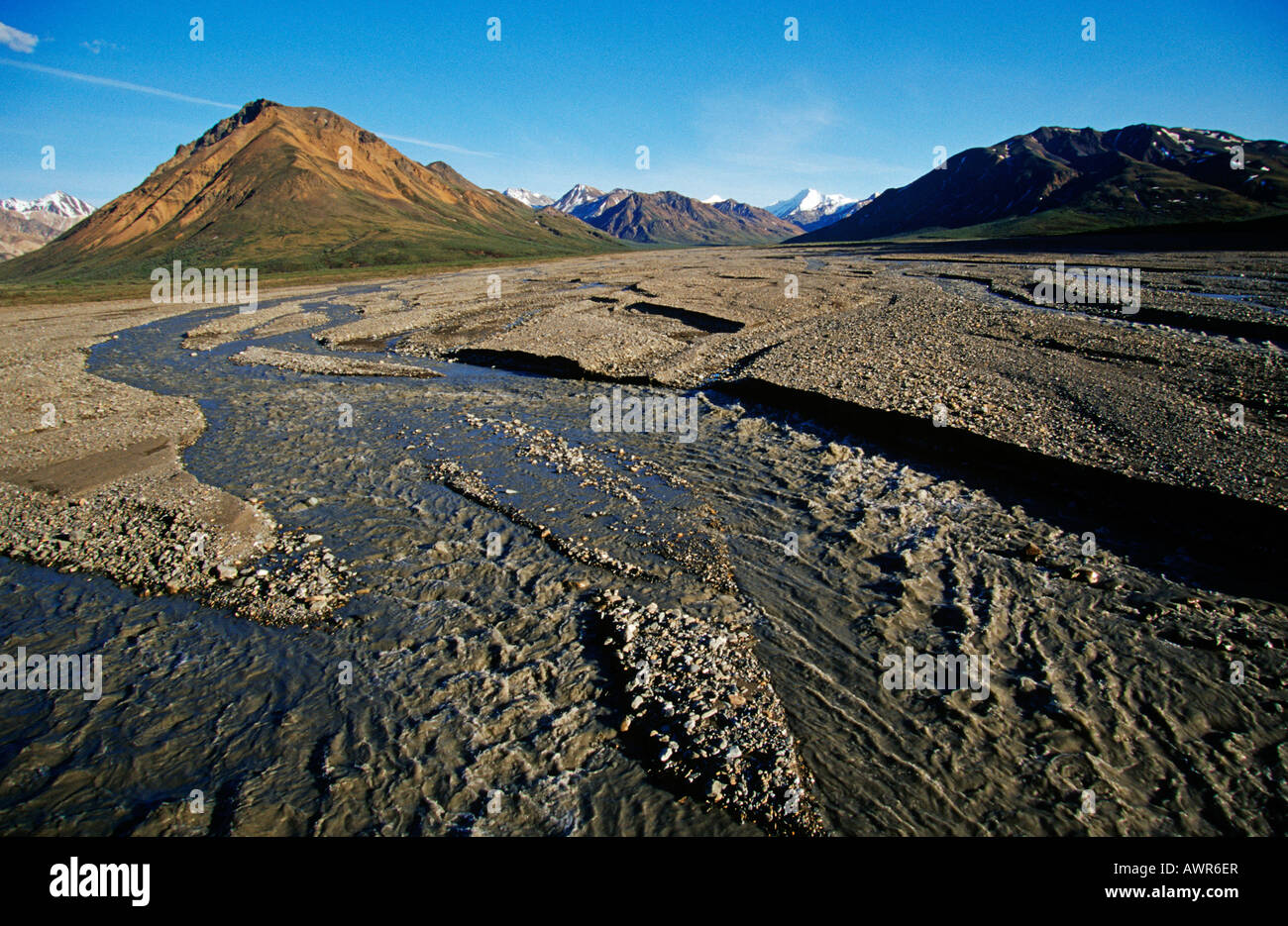 Ampio alveo e lontano-branching fiumi che scorrono dalle montagne di Alaska Range, Parco Nazionale di Denali, Alaska, STATI UNITI D'AMERICA Foto Stock