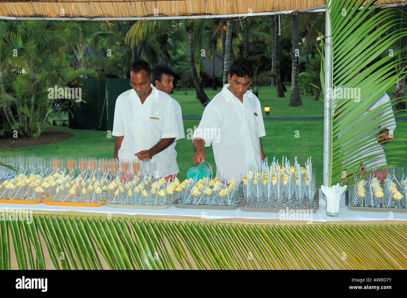 I dipendenti di Maurizio preparare cocktail presso un bar nel giardino del ristorante, Isola Maurizio Foto Stock