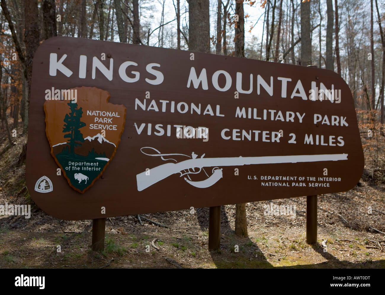 Parco nazionale di servizio in segno di benvenuto all'entrata di Kings Mountain National Military Park vicino a Blacksburg Carolina del Sud Foto Stock