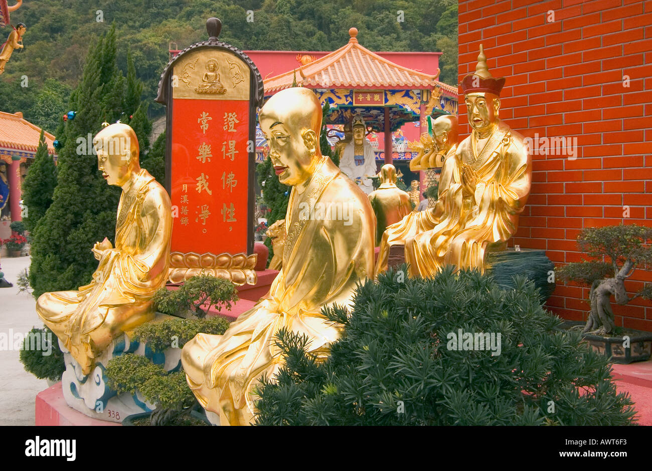 Dh il Monastero dei Diecimila Buddha SHATIN HONG KONG Golden Statue di Buddha Statua della Dea e tempio Foto Stock