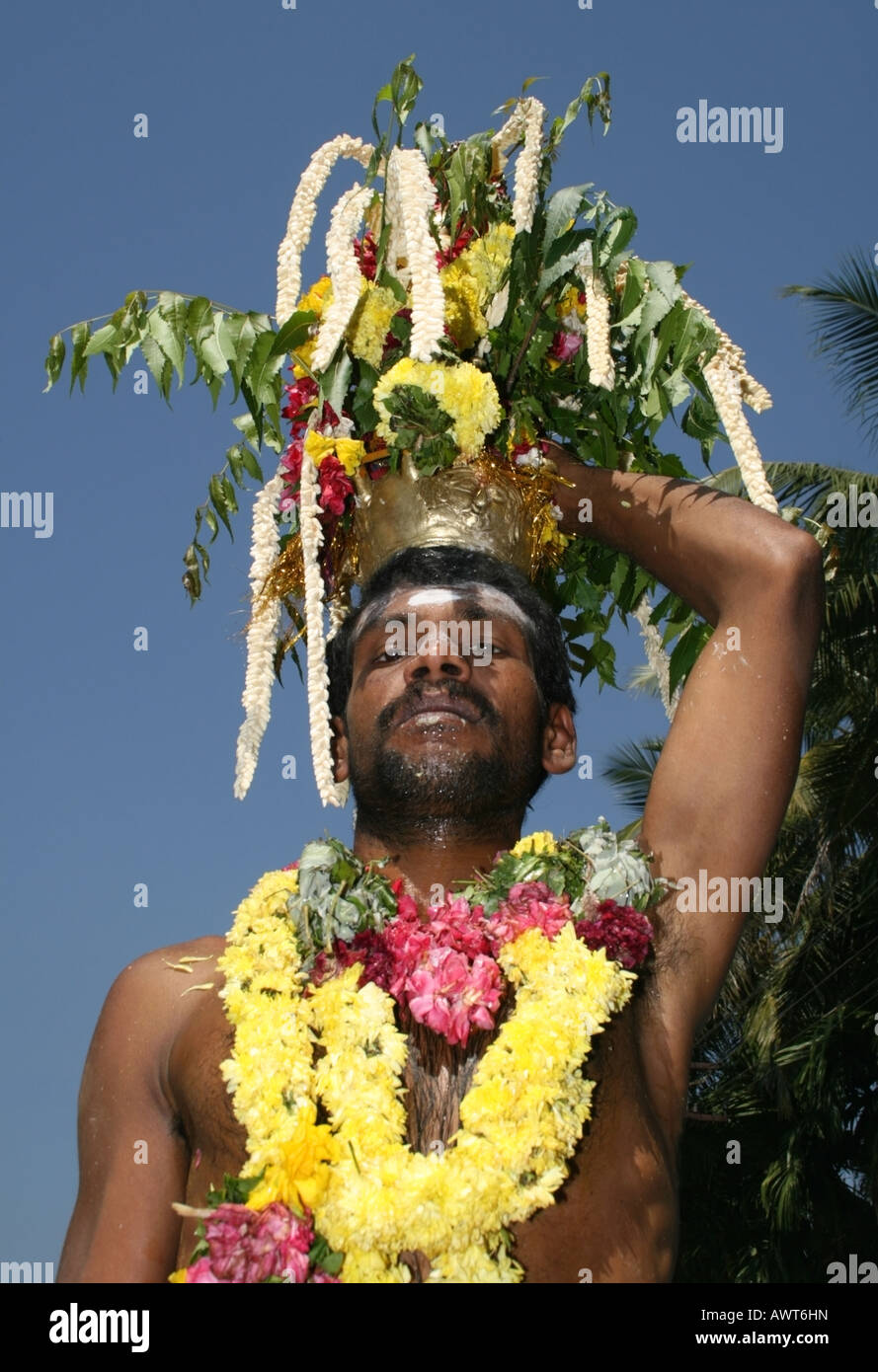 Uomo che porta un metallo pentola di acqua e curcuma dall'acqua ad un tempio in onore di Mariamman una forma di Kali, India Foto Stock