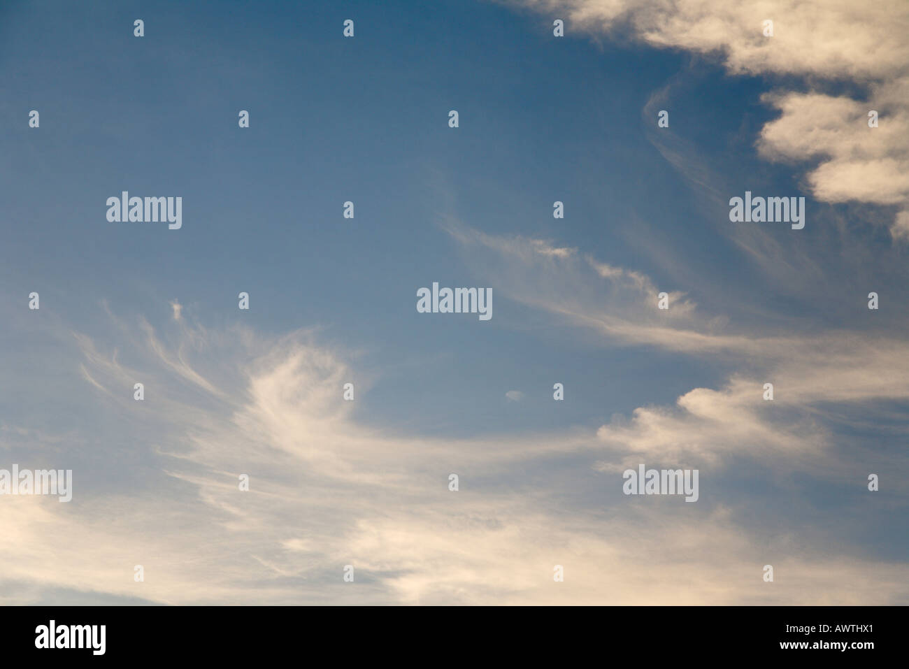 Whispy bianche nuvole nel cielo di sera Foto Stock