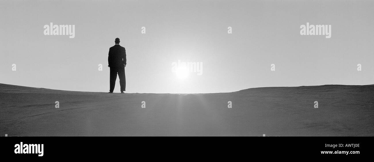 Uomo in piedi sulla sabbia, retroilluminati da Sun, b&W, Vista panoramica Foto Stock