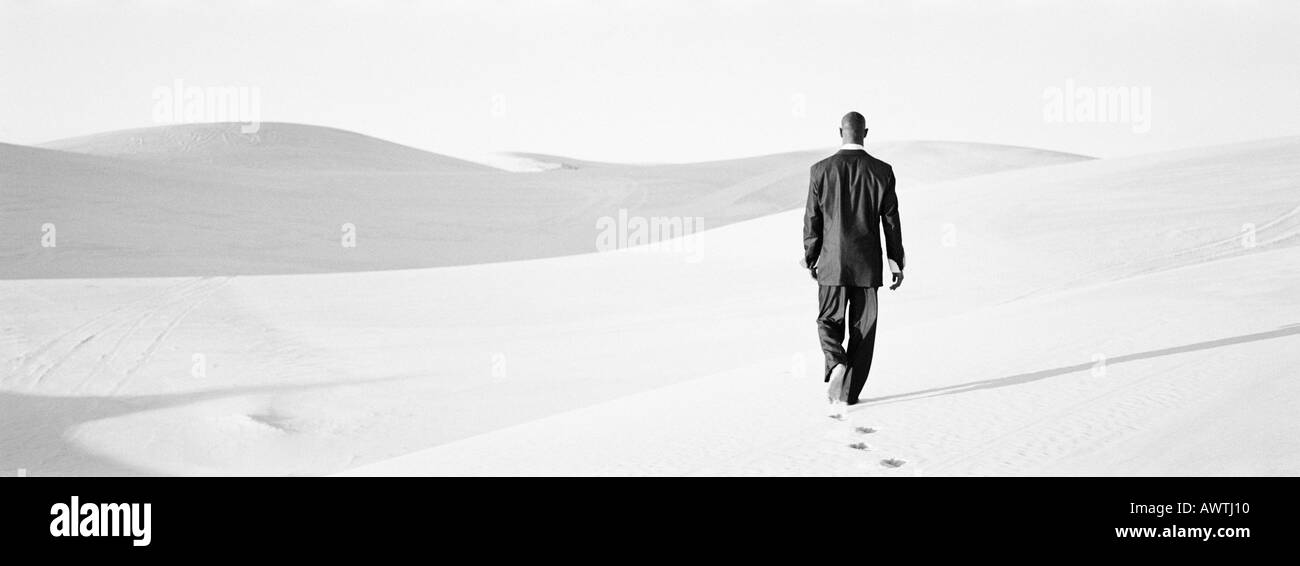 Imprenditore a piedi attraverso le dune, vista posteriore, b&W, Vista panoramica Foto Stock
