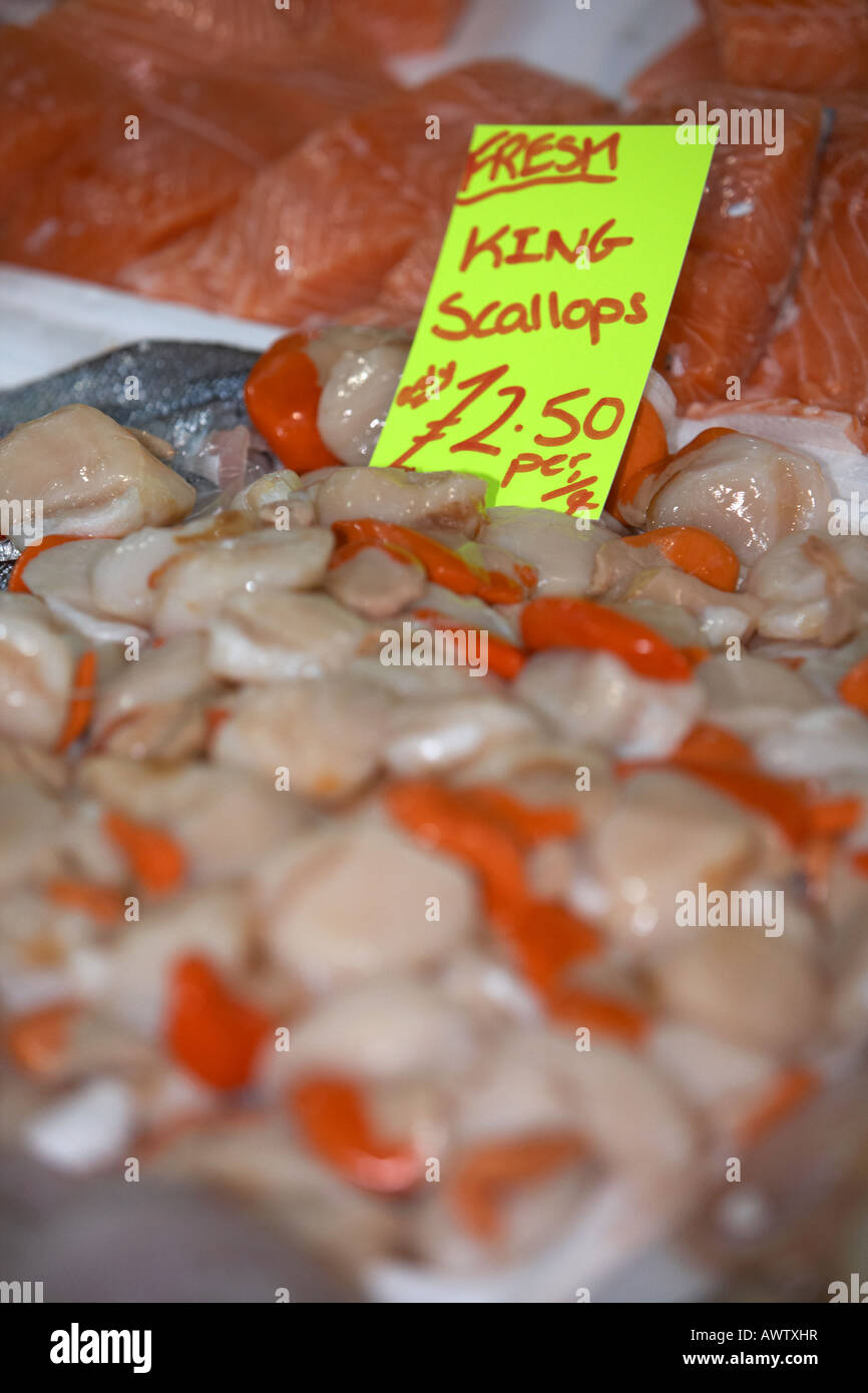 Pila di fresco di capesante re su un pescivendoli pesce fresco stallo a un mercato coperto Foto Stock