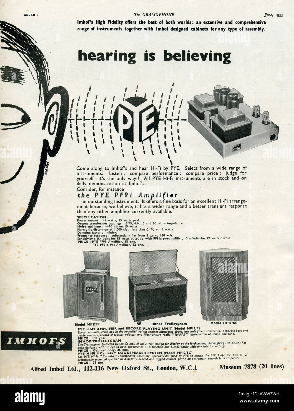 Degli anni Cinquanta la Gramophone Magazine Giugno 1955 pubblicità per Imhof ad alta fedeltà HI-FI e Pye apparecchiature elettroniche uso editoriale Foto Stock