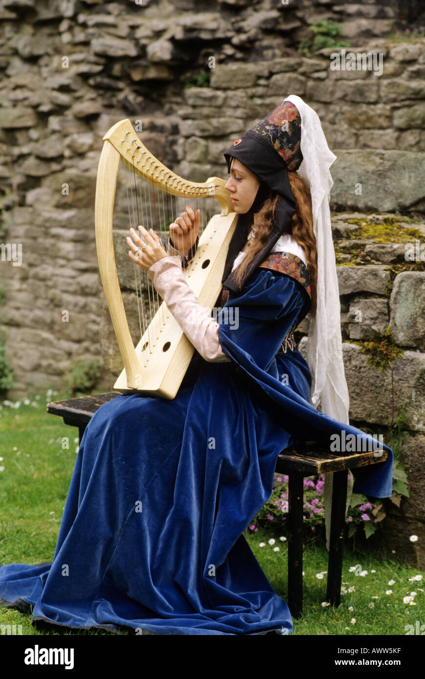 Re medievale emanazione del xv secolo cembalo aristocratica del costume donna giovane suonare uno strumento musicale Foto Stock