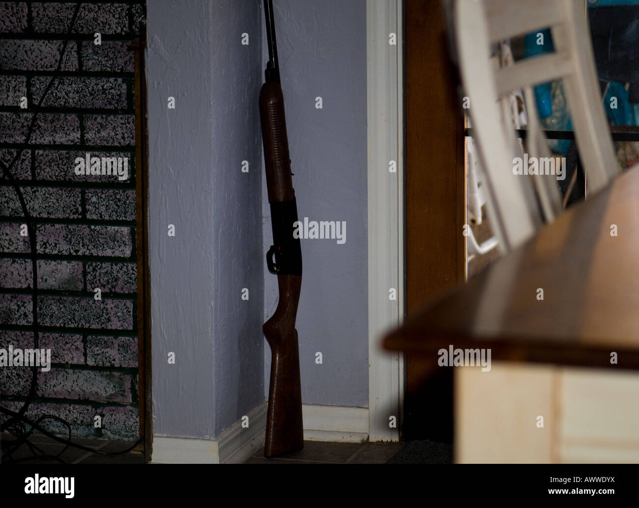 Un fucile ad aria compressa si erge in un angolo vicino a una porta di patio. Stati Uniti d'America. Foto Stock