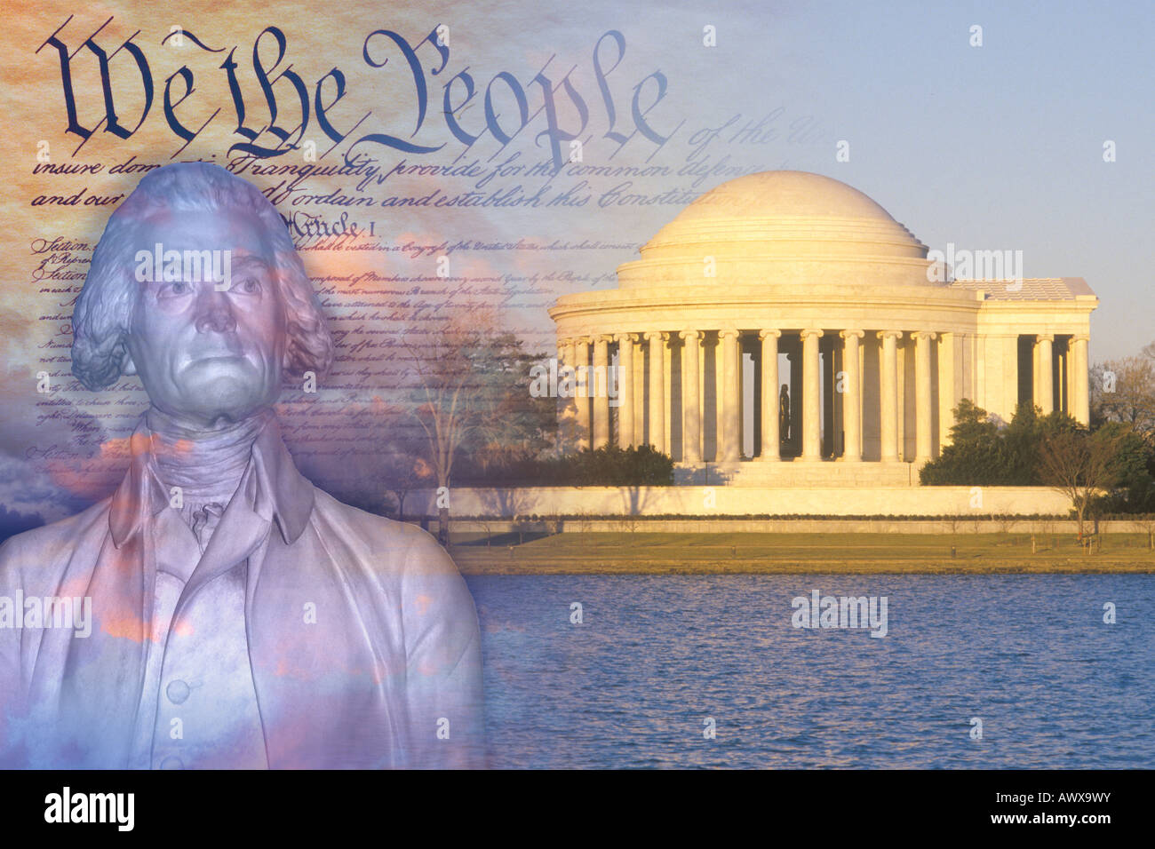Immagine composita di Jefferson Memorial, la costituzione degli Stati Uniti e il busto di Thomas Jefferson Foto Stock