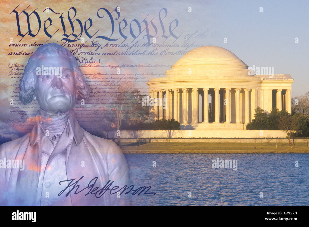 Immagine composita di Jefferson Memorial, la costituzione degli Stati Uniti e il busto di Thomas Jefferson con la sua firma Foto Stock