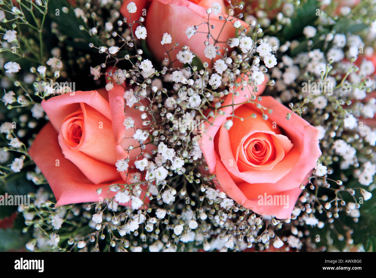 Bel bouquet di rosa o arancione rose a un matrimonio Foto Stock