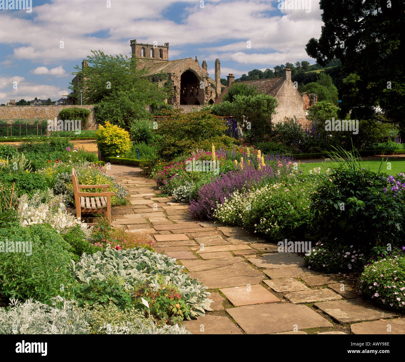 Melrose Abbey da armonia giardino, Melrose, Scottish Borders, Scotland, Regno Unito Foto Stock
