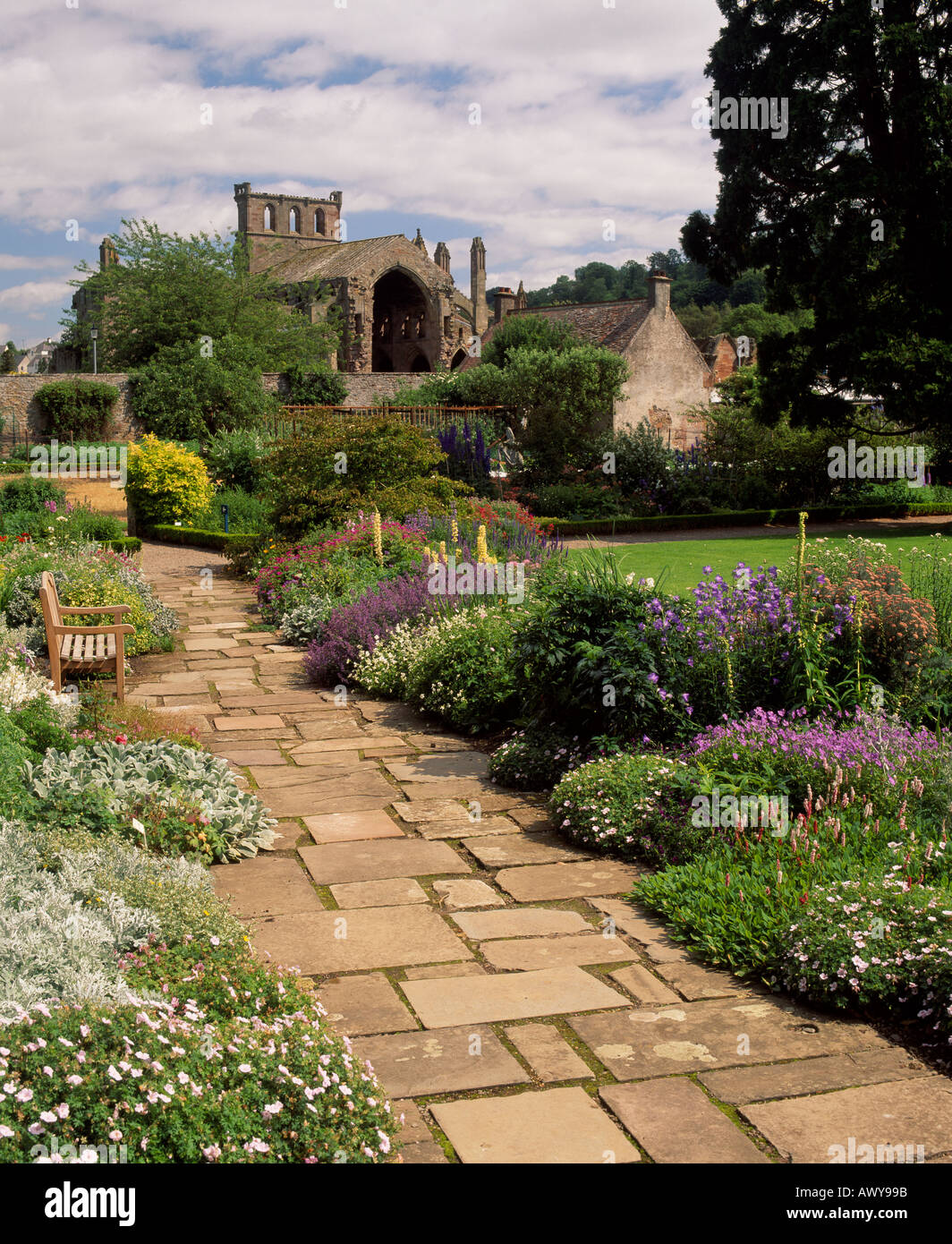 Melrose Abbey da armonia giardino, Melrose, Scottish Borders, Scotland, Regno Unito Foto Stock