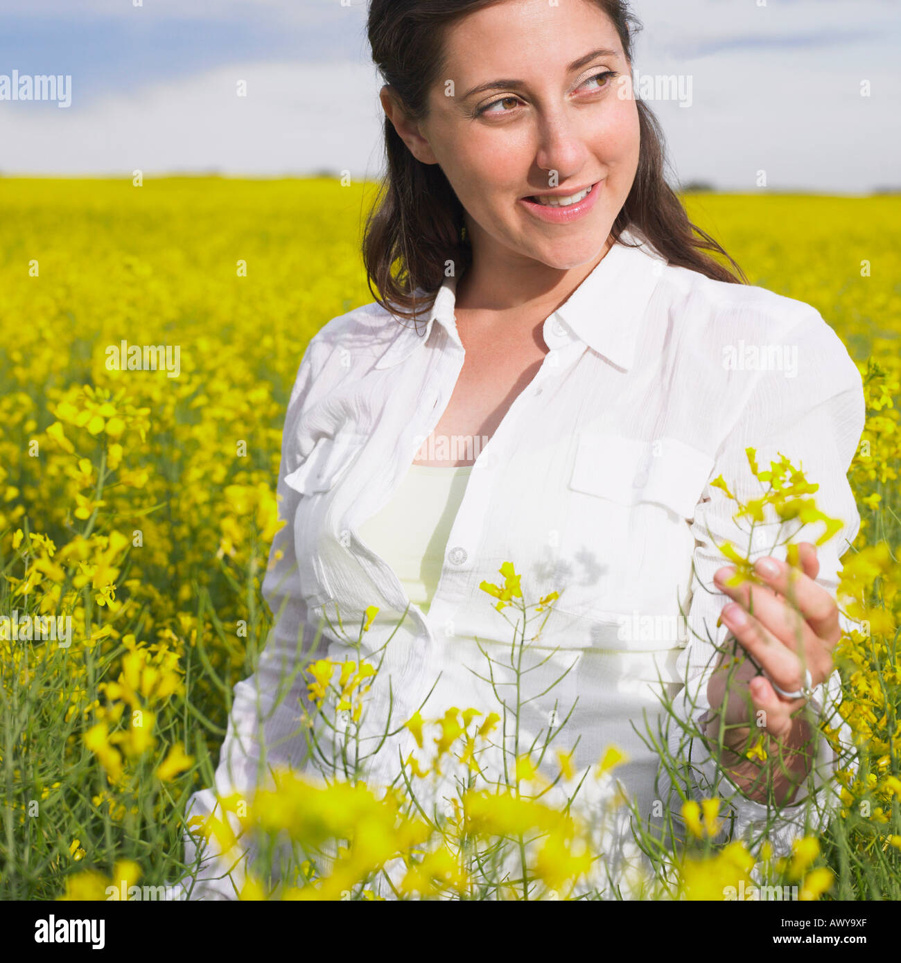 La donna in piedi di Canola Field, Alberta, Canada Foto Stock