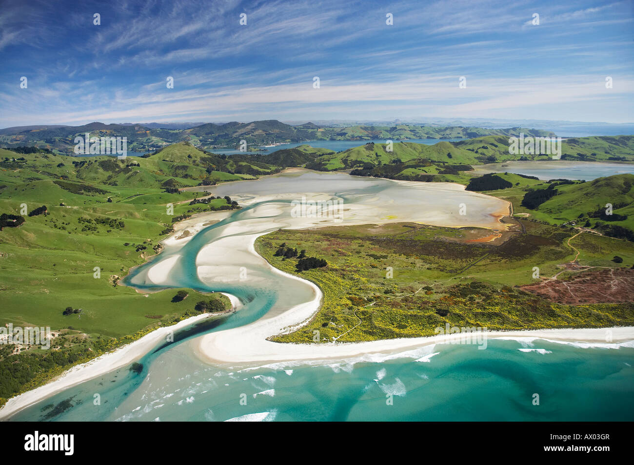 Ingresso Hoopers e Spiaggia di Allans Penisola di Otago Dunedin Isola del Sud della Nuova Zelanda antenna Foto Stock