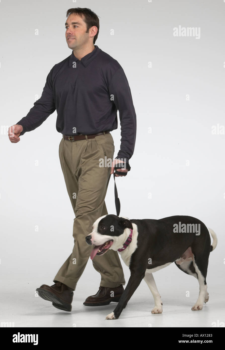 Uomo che cammina con un cane uid 1431776 Foto Stock