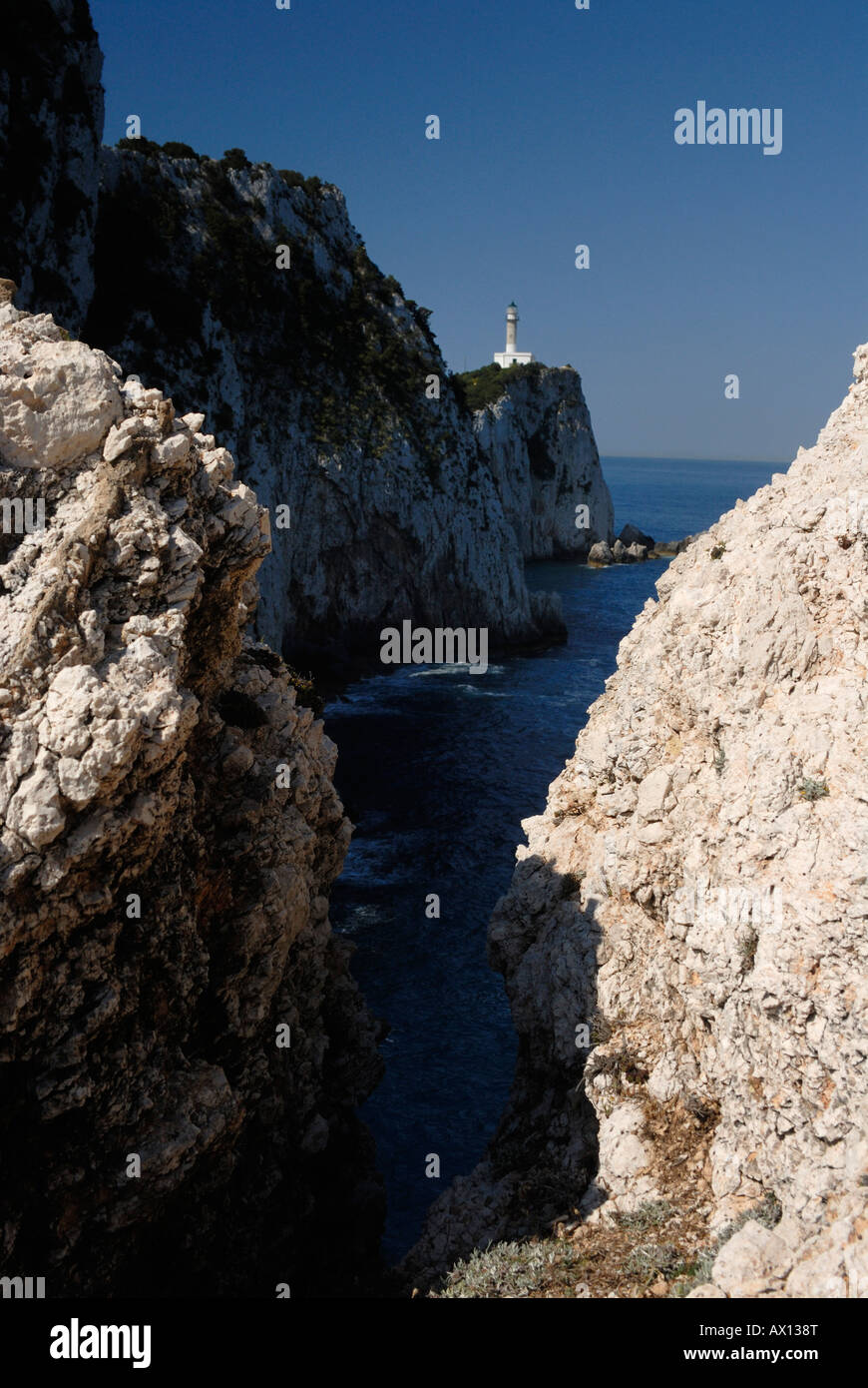 Lefkata cape e light house southend Lefkada luogo di Saffo nel suicidio secondo la leggenda, Eptanese, isola del Mar Ionio Foto Stock