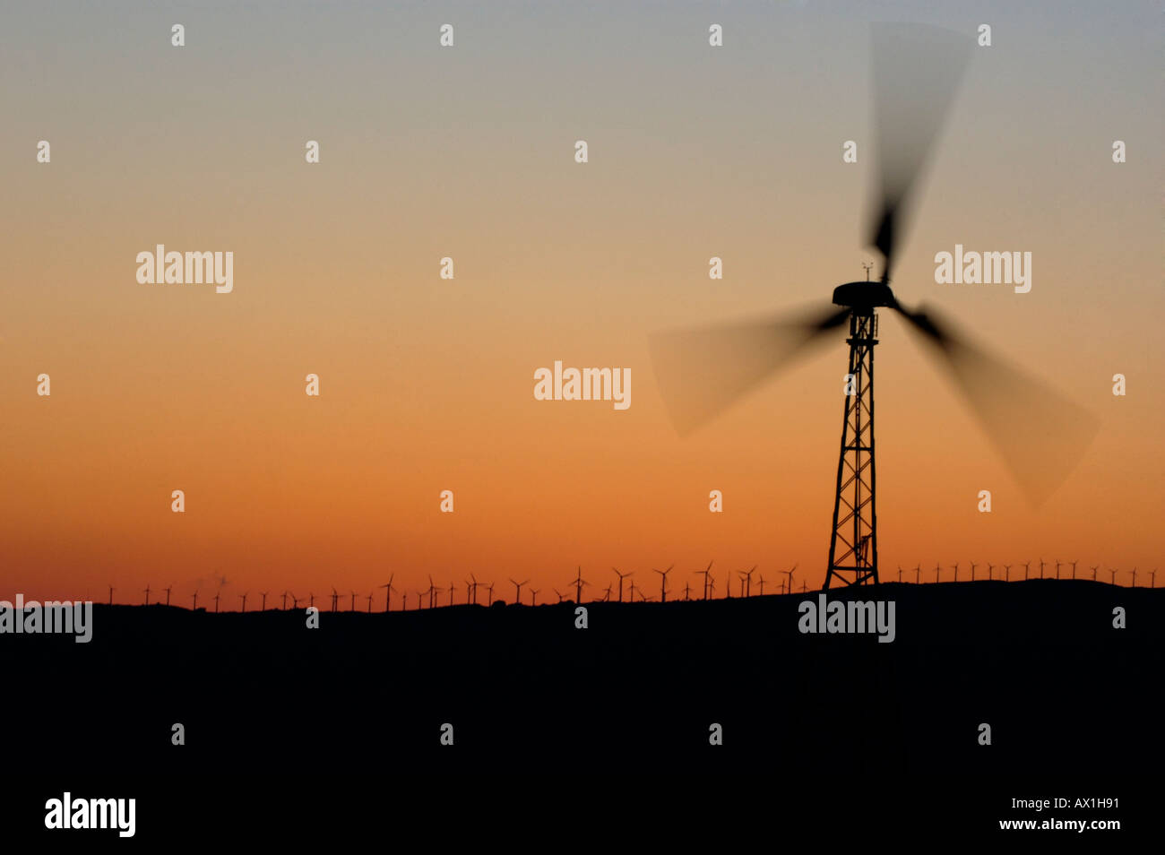 Turbina eolica su un crinale al tramonto, Tarifa, Andalusia, Spagna. Foto Stock