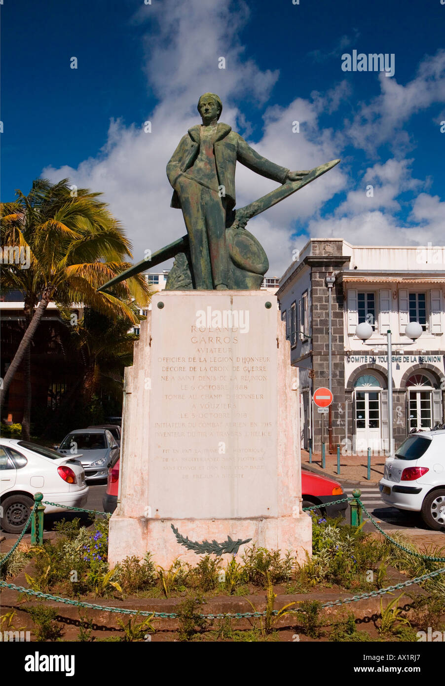 Statua di Roland Garros WW1 aviatore francese in Saint-Denis de la Réunion Foto Stock