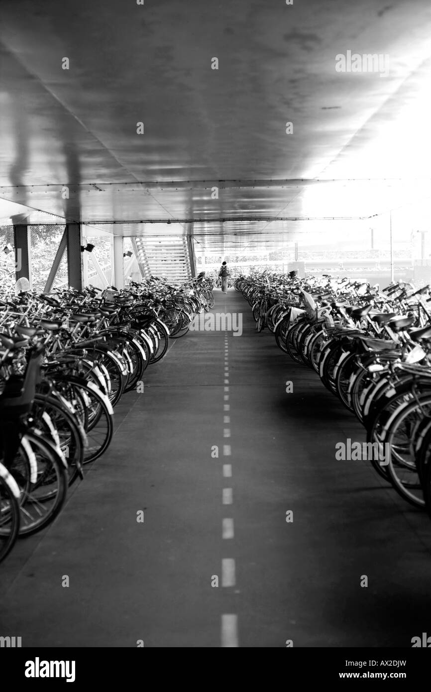 Immagine in bianco e nero di molte biciclette parcheggiate in una grande sala e una marcata passando modo Foto Stock