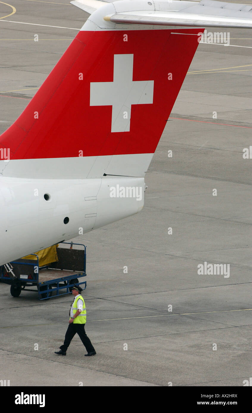 Un piano di coda con il logo della Swiss Airlines, Berlino, Germania Foto Stock